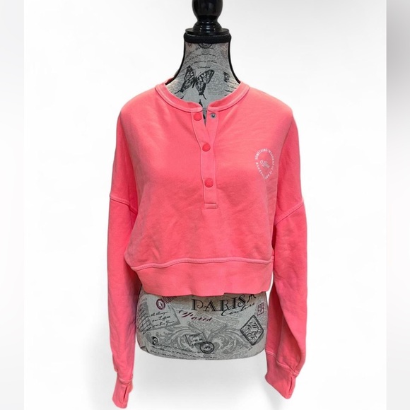 Offline by Aerie Cropped Henley Sweatshirt Coral Pink NWT Size M - Picture 1 of 7